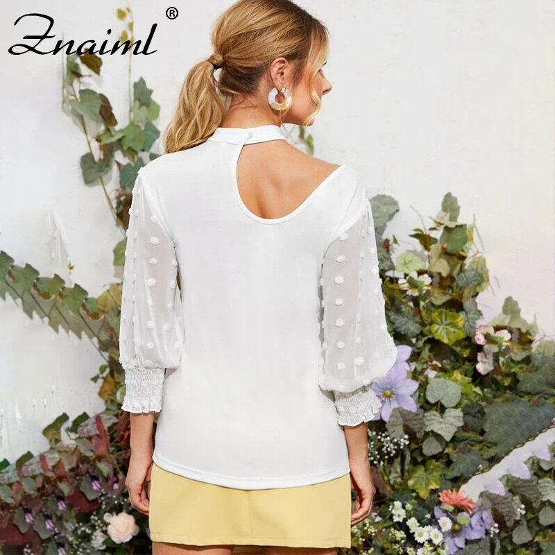 Znaiml Elegan Women's Mesh Sheer Blouse Hollow Out Shirts o-neck Lace Puff Half Sleeve Tops Woman Summer Casual Blouses Female