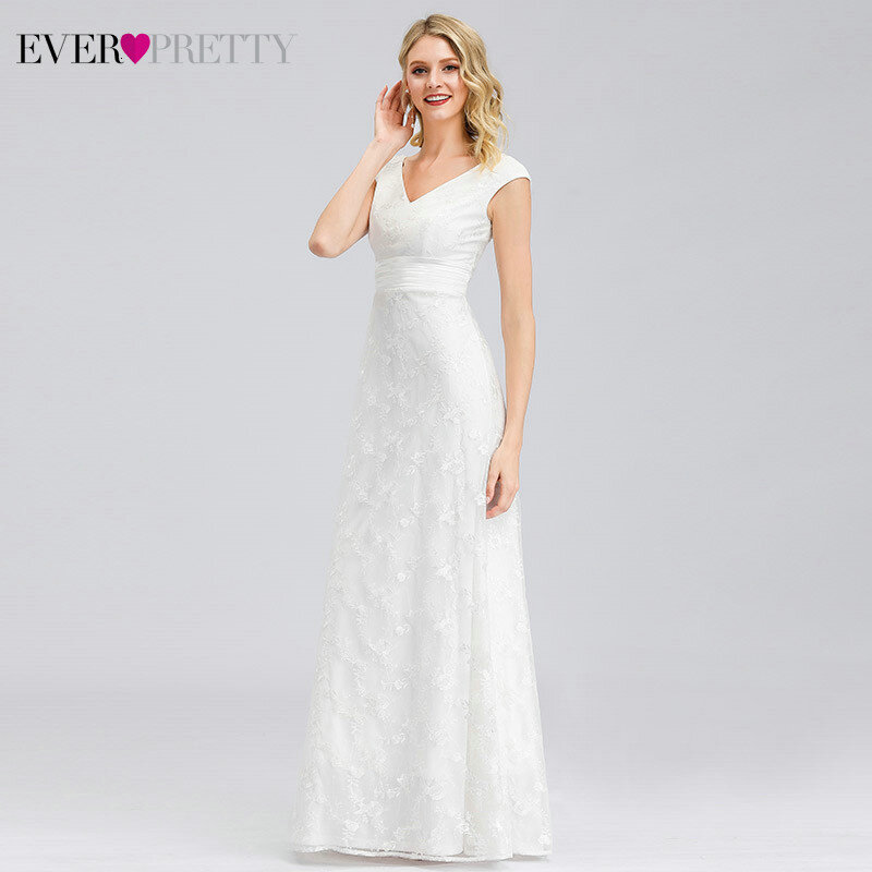 Белые свадебные платья на заказ Ever Pretty EP00865WH ТРАПЕЦИЕВИДНОЕ кружевное платье с двойным v-образным вырезом без рукавов, тюль, иллюзия, свадебн...
