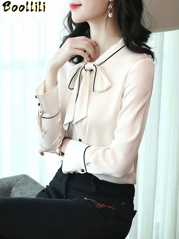 Boollili blusa feminina vintage, camisa de seda 100%, roupas femininas, para escritório, de manga comprida, 2020