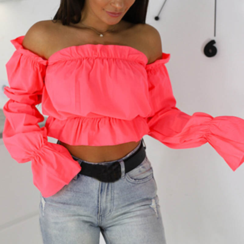 2021 Kẹo Màu Off Vai Áo Crop Top Nữ Mùa Hè Chấm Bi In Hình In Tay Phồng Áo Sơ Mi Nữ Gợi Cảm Chém Cổ Bãi Biển Áo