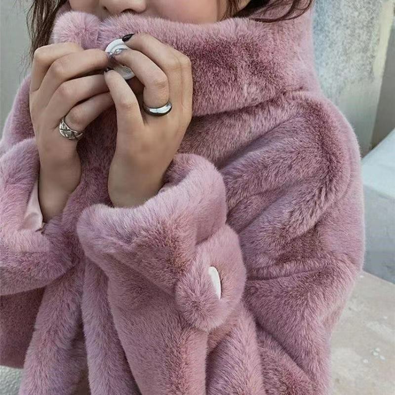 Mantel bulu panjang wanita, mantel bulu mode musim dingin baru, mantel bulu panjang longgar, ukuran besar, bertudung, mantel mewah tebal hangat untuk wanita