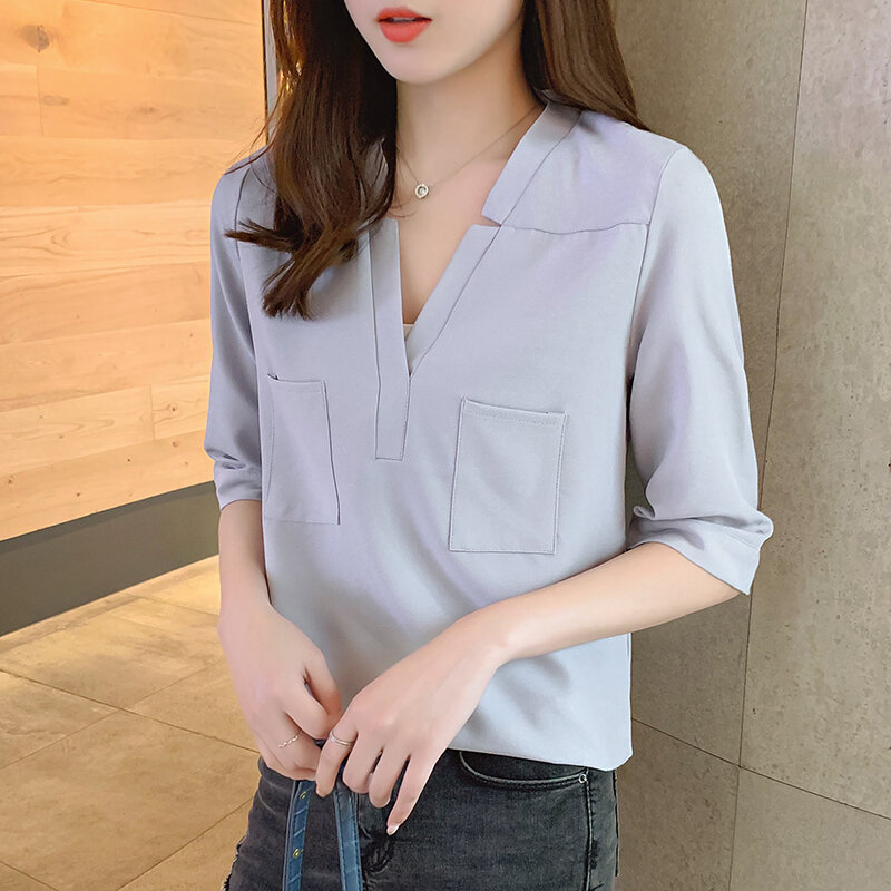 Blusa de moda mujer cuello en V Blusa de gasa Oficina Casual señoras superior verano Mujer túnica femenina camisa de media manga Blusas sólidas