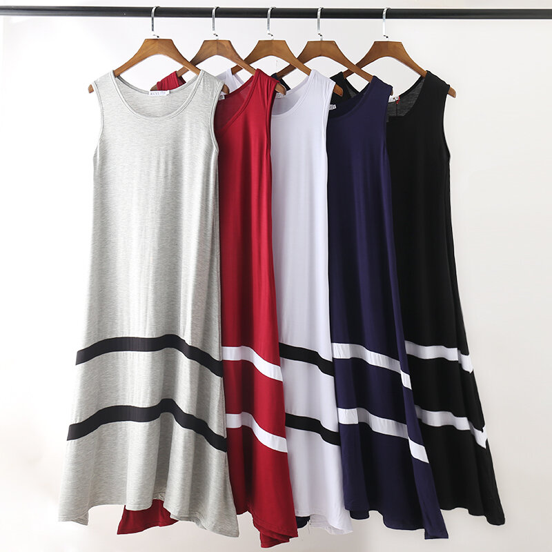 ใหม่ Modal Stripe Basic Nightgown Nightie ยาวเซ็กซี่ Lady บ้านฤดูร้อน Sleepwear ชุดนอนเซ็กซี่ Night เสื้อหลวมชุดนอน