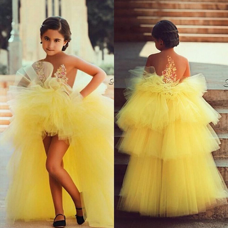 2023 New Arrival Lovely Yellow Flower Girls Dresses High Low Sleeveless Ball Gown Holy Communion Gowns Tiered Skirt Appliqued