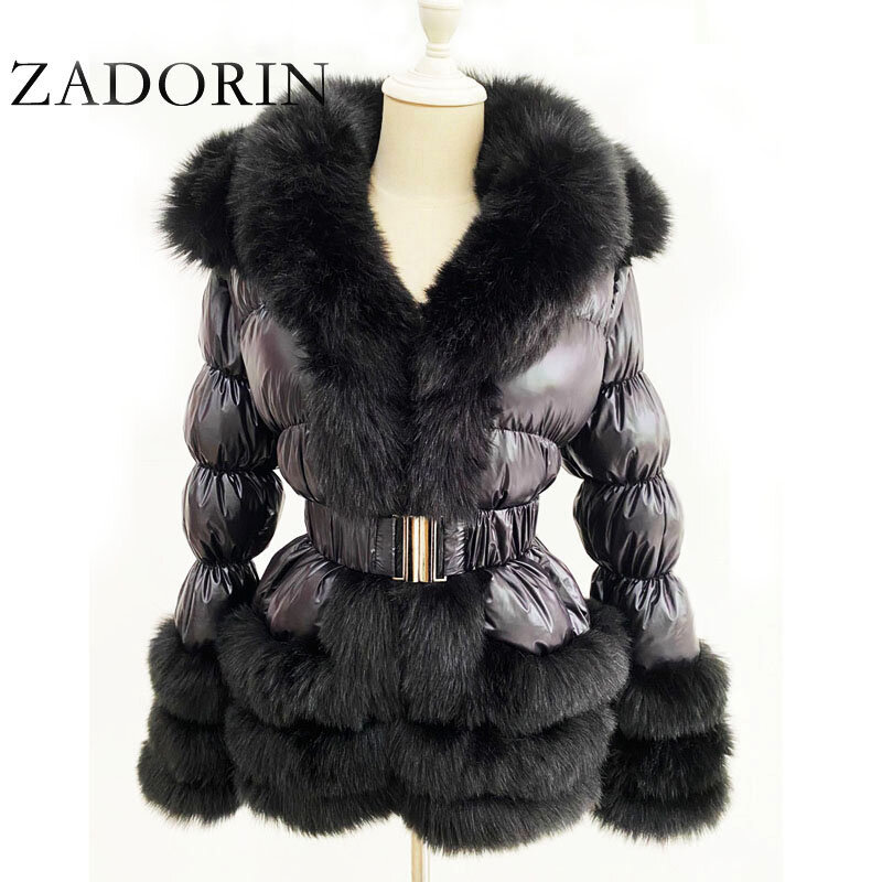 ZADORIN-Chaqueta de plumón de pato para mujer, abrigo cálido de piel sintética con mangas desmontables y capucha, color negro, para invierno, 2024