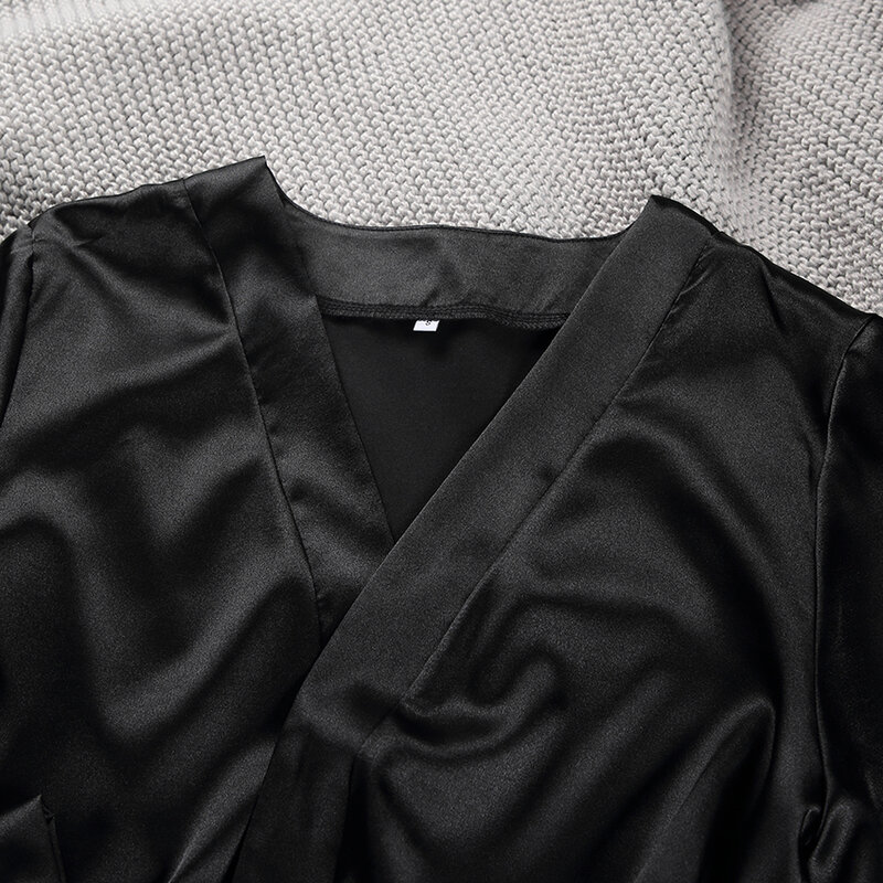 HiLoc-Robe de seda cetim feminino, manga lanterna, vestes bordô, cor pura, manga longa, roupa de inverno, sexy, preto, branco, outono