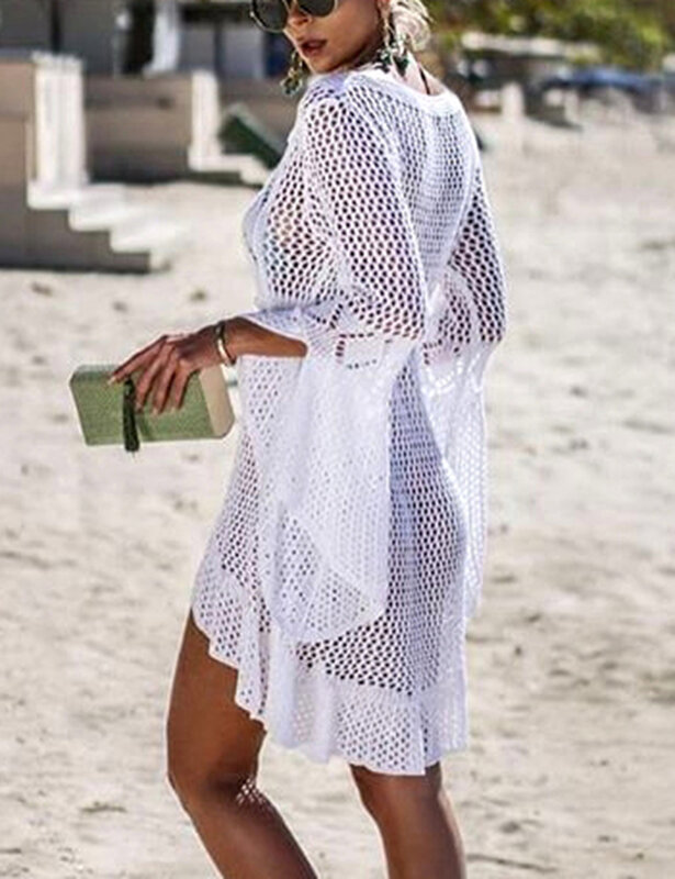 Bsubseach mulheres crochê maiô cobrir fatos de banho encoverup sexy oco fora alargamento manga vestido de praia