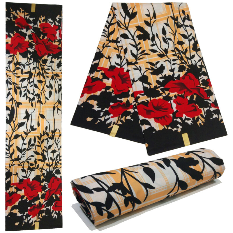Tissus 100% Polyester pour robe, Wax africaine Ankara à imprimés de fleurs rouges, 6Yards par Lot