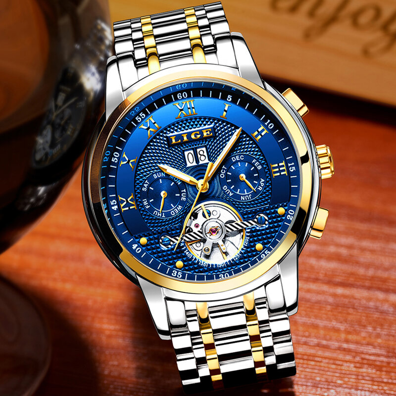 レロジオmasculino ligeメンズウォッチトップブランドの高級自動機械式時計男性フル鉄鋼事業防水スポーツ腕時計