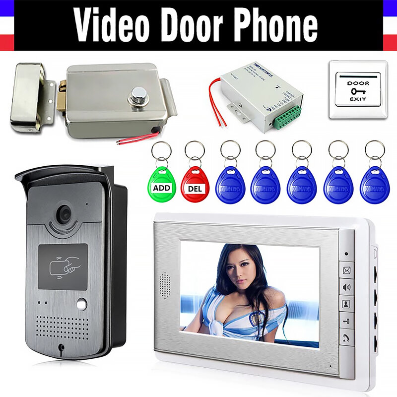 7-дюймовый экран, видеодомофон, дверной звонок, домофон, электрический замок, алюминиевая панель, камера, источник питания, дверной выход, идентификационные брелоки