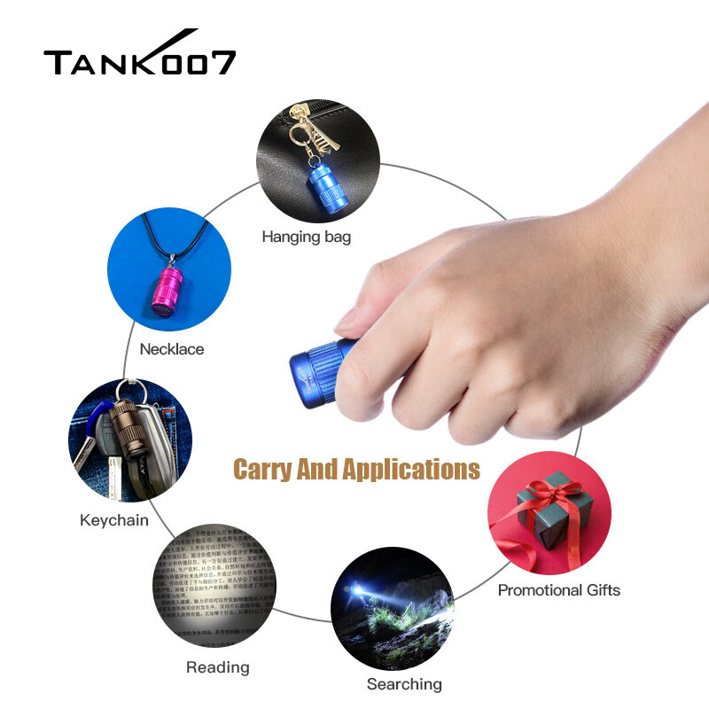 TANK007 E15 AI في الهواء الطلق EDC Mini 3 واط LED 100 لومينز سلسلة مفاتيح بكشاف الشعلة مقاوم للماء زر خلية بطارية خفيفة الوزن المحمولة