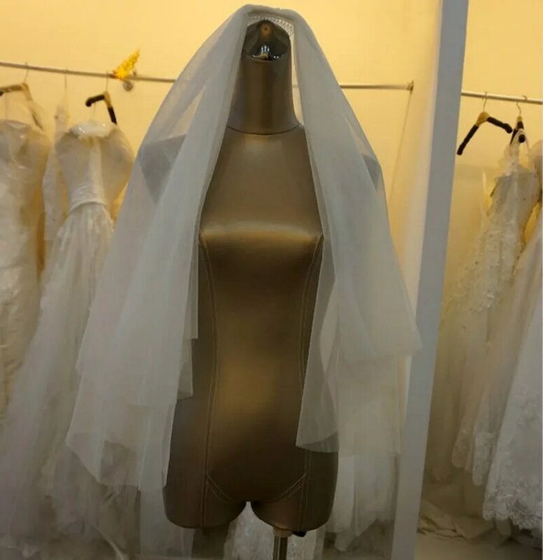 Simples e elegante véu de tule, duas camadas, curto véu de casamento branco, marfim nupcial