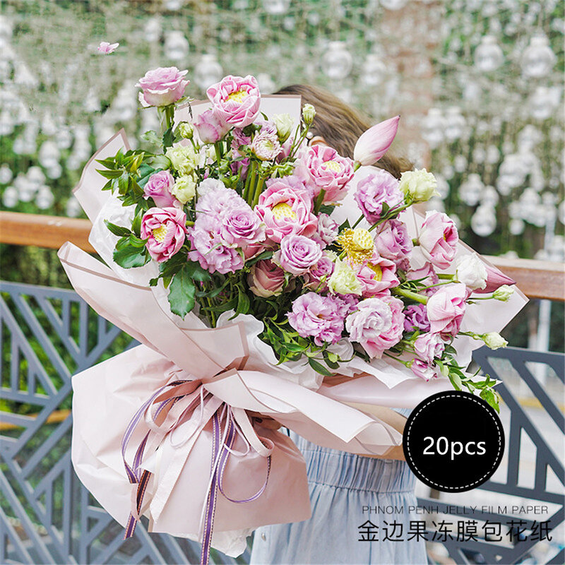 20PCS/PACK Golden Border Rose Flower Wrapping Paper Korean Style Half Transparent Gift Wrap Florist Bouquet Wrapping Paper