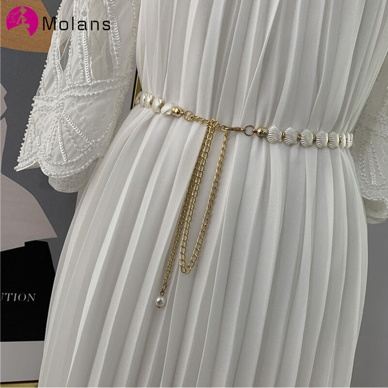 MOLANS-Cinturón de cadena con borla elegante para mujer, vestido de Metal con perlas, cinturón Delgado, decoración de cintura para fiesta de boda, 2020