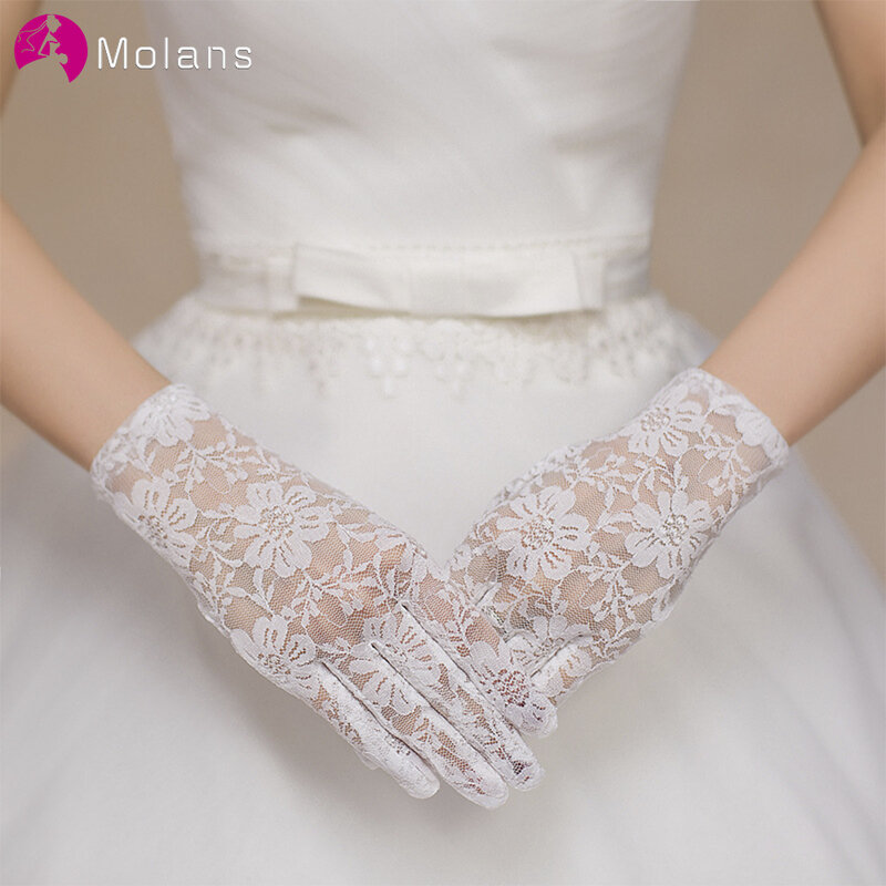 Molans-قفازات زفاف من الساتان ، تقليم قصير من الدانتيل العاجي ، إكسسوار زفاف بطول المعصم ، 4 ألوان