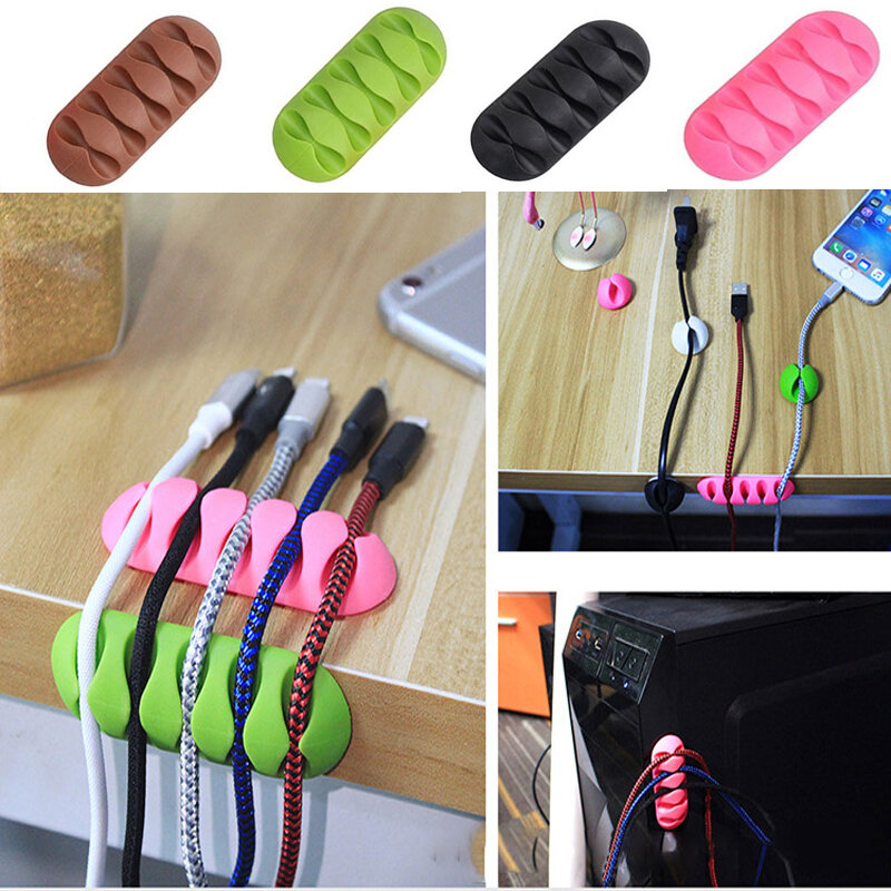 5-Clip Earphone Cable Winder Organizer Charger Cable Holder Fix Clips USB Tie untuk PC TV USB Cable Earphone Wire Protector
