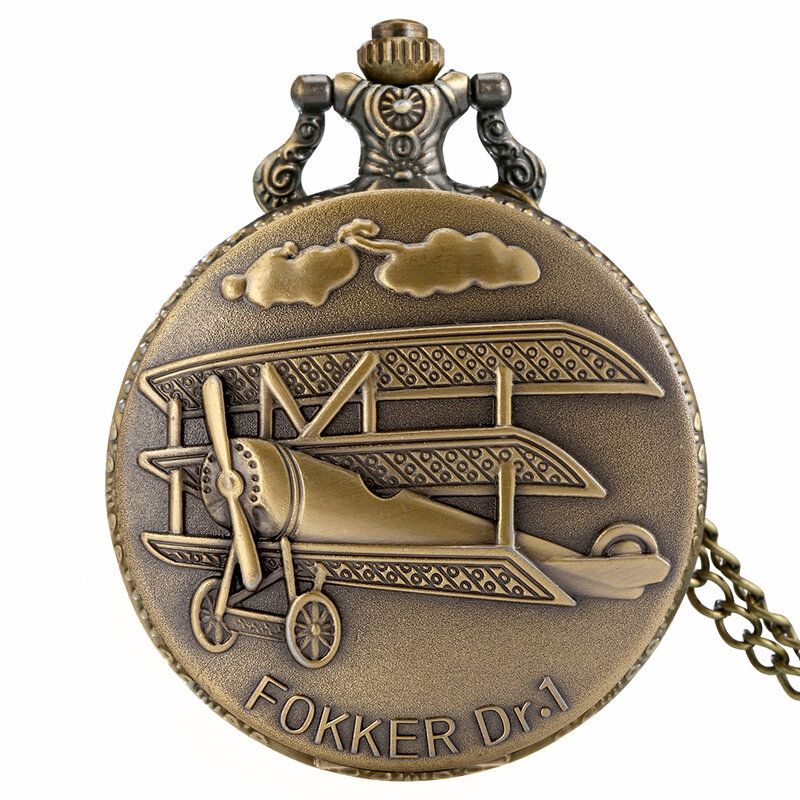 Bronze FOKKER DR.1 World War II Aircraft Quartz Pocket Watch Retro Steampunk Necklace Chain Watch Men Women Pendant Antique Gift