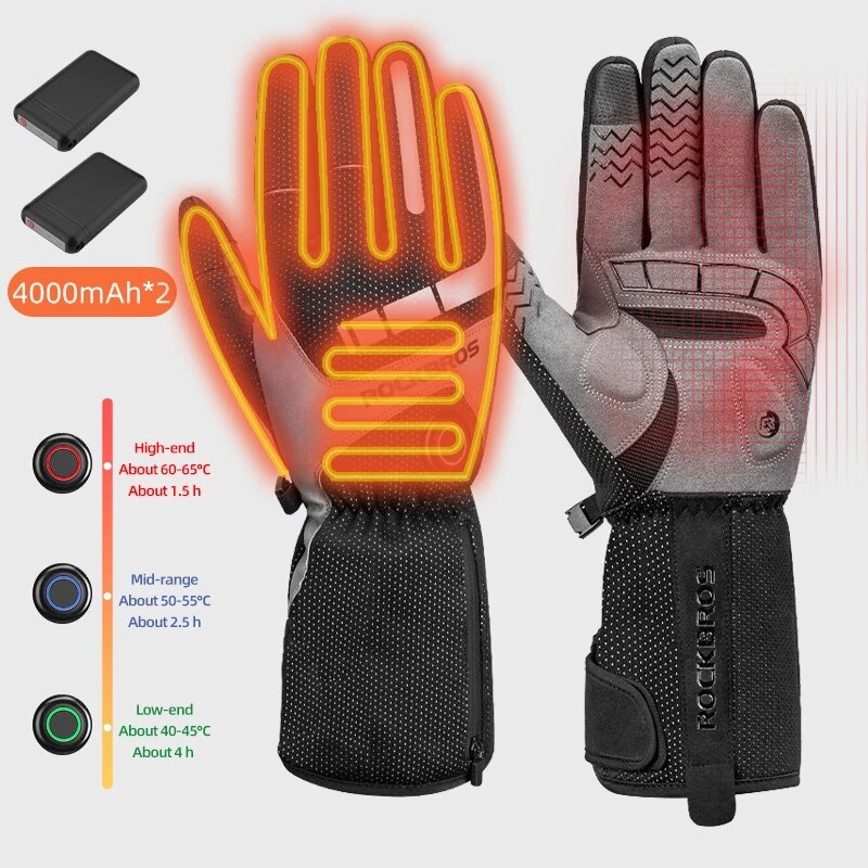 ROCKBROS – gants de cyclisme chauffants électriques, de moto, de vélo, d'hiver, thermiques, pour le ski à écran tactile