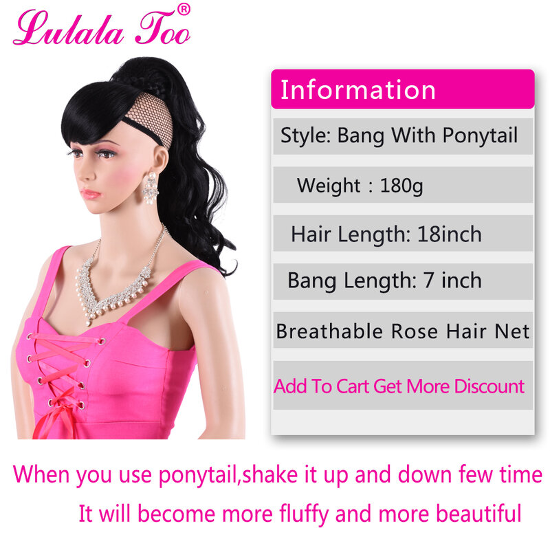 Long Wavy Hair Ponytail With Bangs Fake Hair Bun And Bang Set Synthetic Pony Tail Wig For Women Clip in Hair Extens