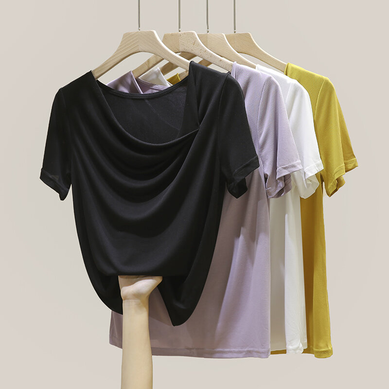 Hotsale feminino elegante plissado modal algodão blusa topos doce cor senhoras malha irregular magro camisas