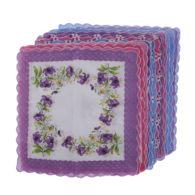 Квадратный носовой платок с карманом, фиолетовый, белый, 15 шт., Женский винтажный хлопковый носовой платок с цветочным принтом