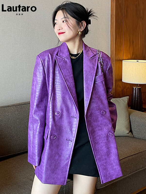 Lauraro Blazer Kulit Imitasi Pola Buaya Ungu Mengkilap Ukuran Besar Musim Gugur Mode Jaket Y2K Kancing Dua Baris Lengan Panjang untuk Wanita