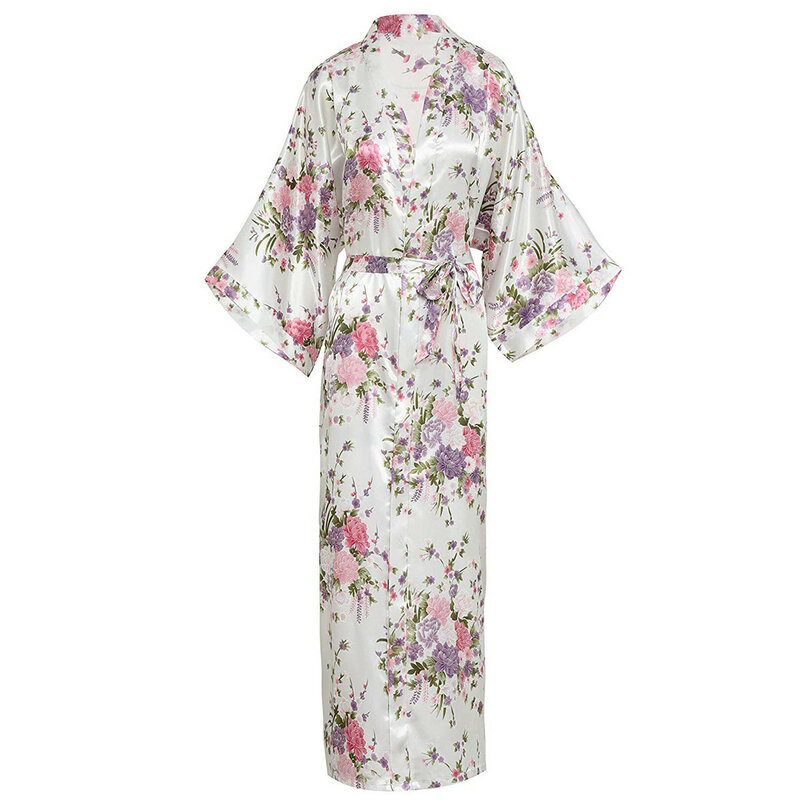 Plus Größe Braut Brautjungfer Dressing Kleid Rayon Dame Lange Robe Druck Blume Kimono Bademantel Casual Nachtwäsche Satin Hause Kleidung