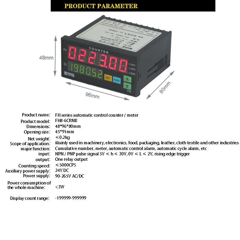 Contatore MYPIN Mini misuratore di lotto di lunghezza 1 contatore di conteggio dell'uscita relè preimpostato pratico misuratore di lunghezza 90-260V ca/cc le ore macchina
