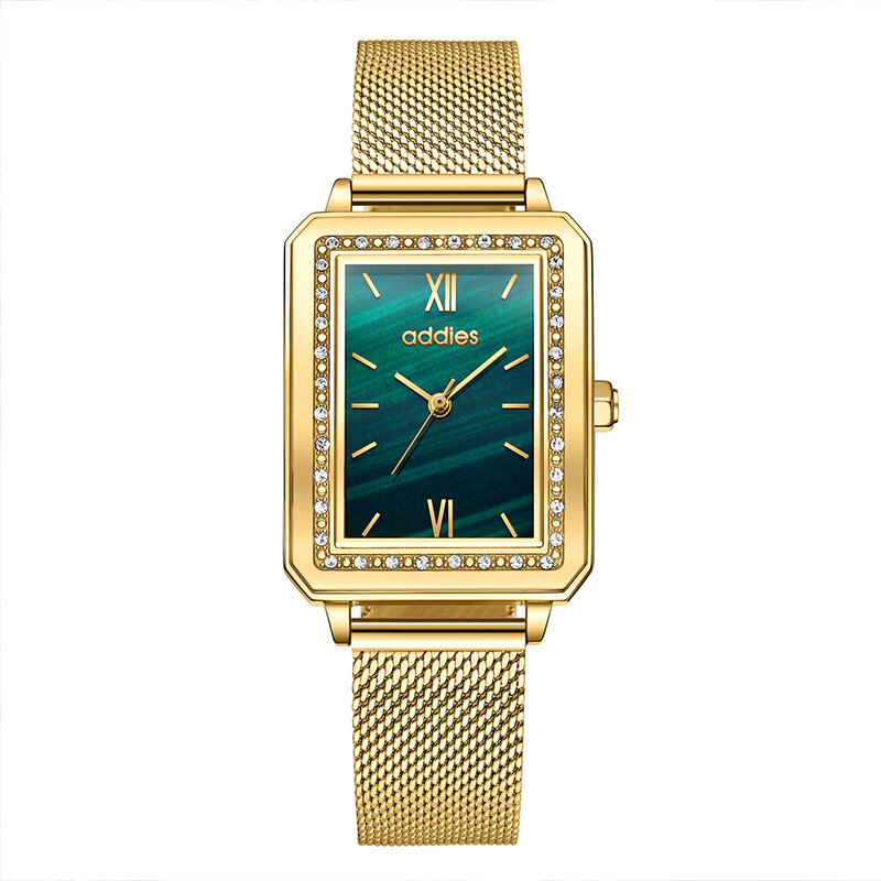 Addies relógios femininos moda praça senhoras relógio de quartzo aço inoxidável dial verde simples rosa malha ouro luxo relógios femininos