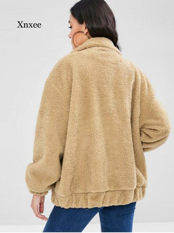 Abrigo de piel sintética con cuello vuelto para mujer, chaqueta de felpa con cremallera, sólido, cálido con bolsillo, Tops, ropa
