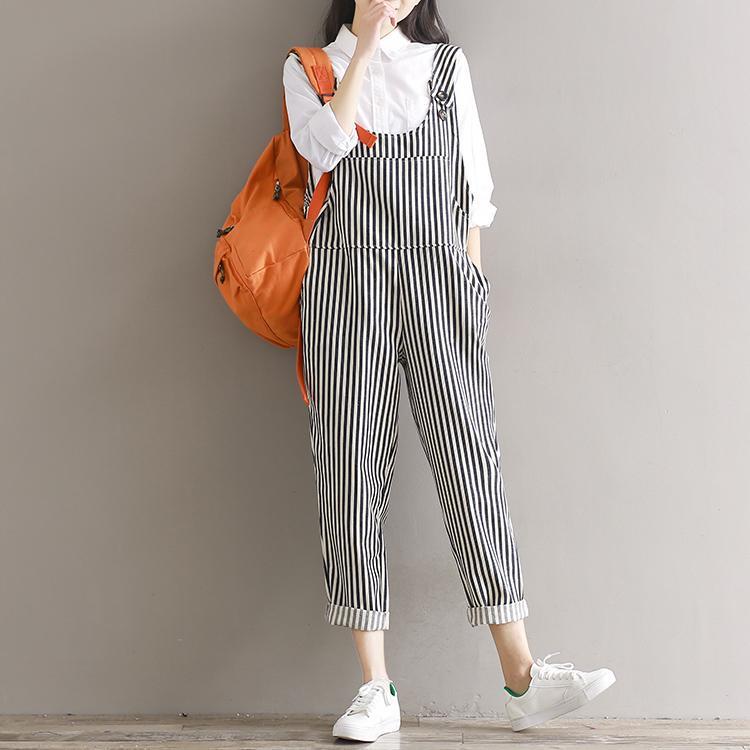 Girl Style Casual Trousers  New Fall Fashion Literature Female Autumn Cotton Jumpsuit Women Stripe Rompers With Pockets