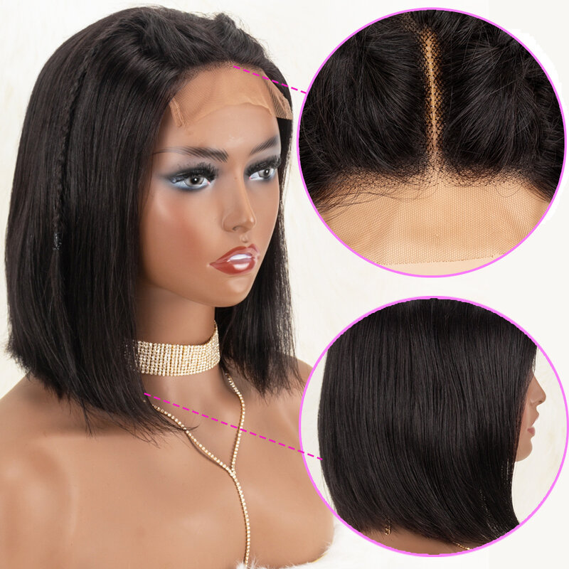4x4 кружева закрытие парик человеческих волос парики 8 "-14" короткие прямые боб передние парики Черный Синтетические волосы на кружеве человеческих волос парики бразильских волос