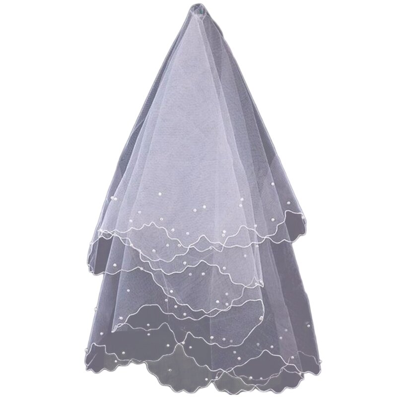 Véu de noiva pérola vestido de casamento, camadas, fita de tule, borda, acessórios para mulheres