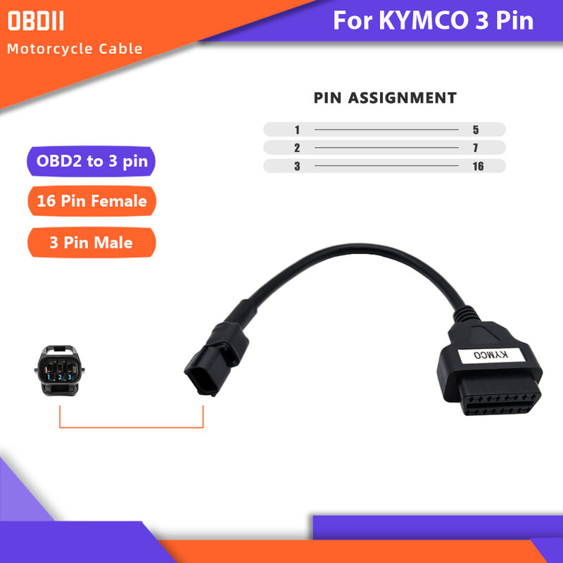 For KYMCO 3pin OBD Motorcycle Diagnostic Cable Motorbike  3 Pin 16 Pin to OBD2 16Pin Adapter Cable