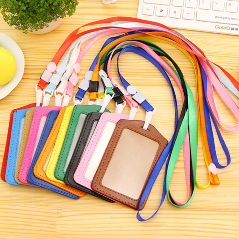 1 PC PU Leather ID Badge Case Clear Color Border Lanyard Holes Bank Credit Card Holders ID Badge Holders Accessories student
