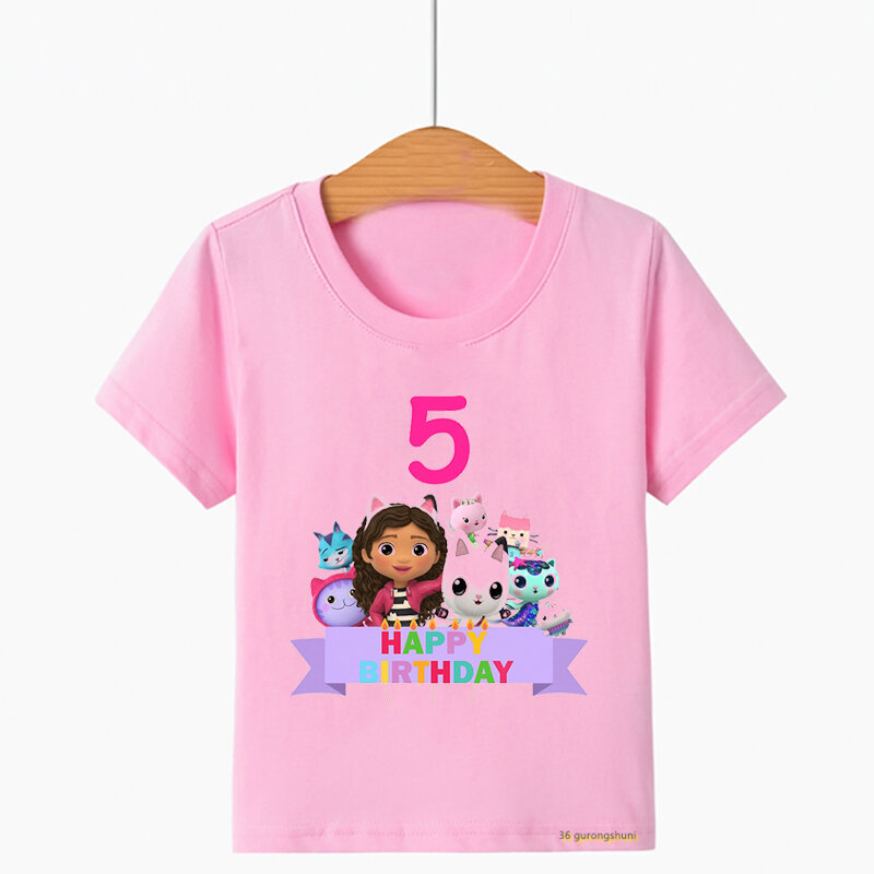 T-Shirt Anak Perempuan Lucu Kaus Cetak Kartun Rumah Boneka Gabbys untuk Pakaian Ulang Tahun Anak-anak Atasan Kaus Bayi Perempuan Berusia 2-10 Tahun