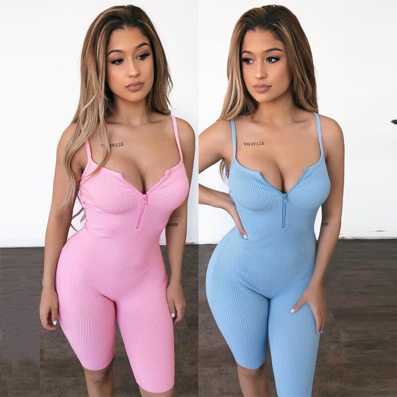 One Piece Spaghetti Strap Low Cut Zipper V-neck Backless Fitness Tight Playsuit Women Gym Sportswear Workout Running Sport Suit