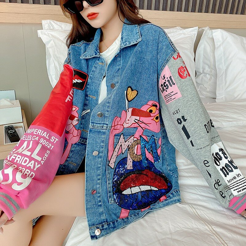 Harajuku denim oversize jaquetas mulheres jaqueta de grandes dimensões retalhos cor streetwear impressão dos desenhos animados jean casaco feminino topo