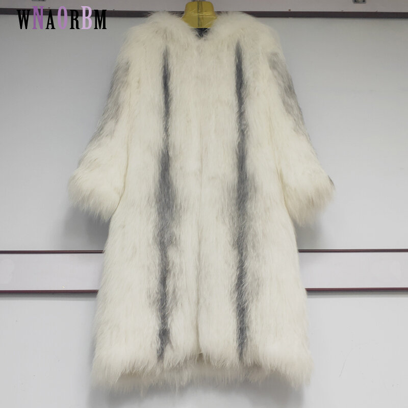 Abrigo tejido de piel de zorro Real para mujer, abrigo largo con sombrero, grueso, cálido, ligero y a la moda, 1 m de largo