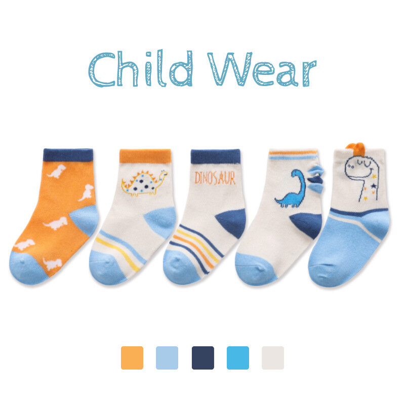 Children's Cartoon Dinosaur Stripe Socks, algodão, crianças, bebê, meninos, meninas, moda, esportes, primavera, outono, 5 pares por lote