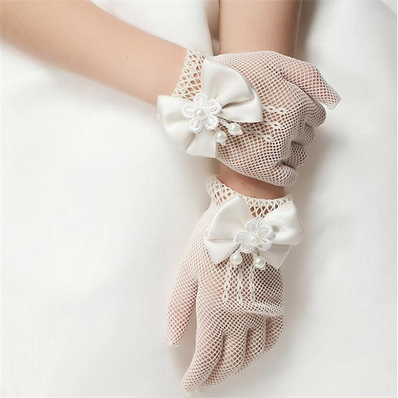 1 Pair Girls Kids White Lace Wedding Gloves Faux Pearl Bowknot Fishnet Gloves Communion Flower Girl Party Ceremony Accessories