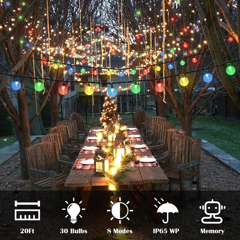 装飾用の超高輝度クリスタルストリングライト,8つの照明モードを備えたソーラーパワー屋外照明,クリスマスパーティーに最適