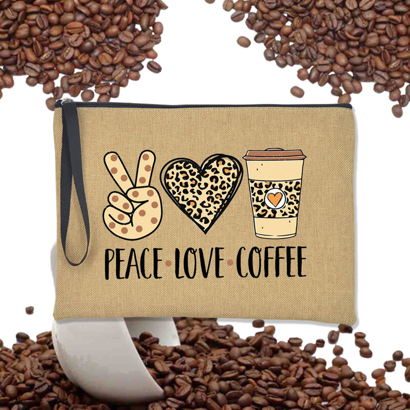 Peace Love Coffee ผู้หญิง Clutches กระเป๋าแฟชั่น Casual Zipper แต่งหน้ากระเป๋าเครื่องสำอางค์ลิปสติก Organizer กระเป๋าถือหญิงของขวัญ