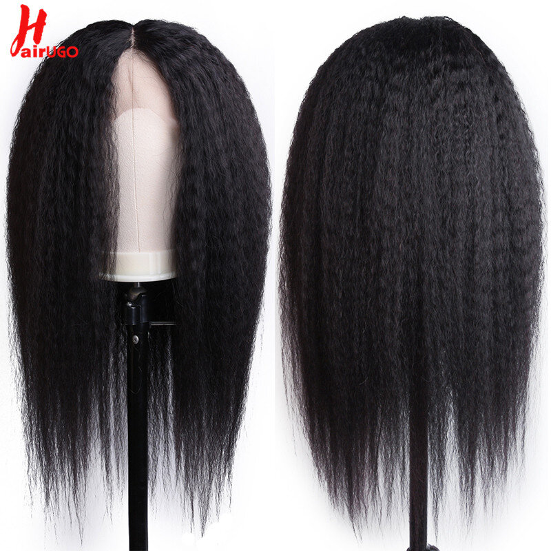 HairUGo-Perruques de cheveux humains droites crépues pour femmes, partie en dentelle Remy, haute densité, fermeture en dentelle, 13*1 T, 250%