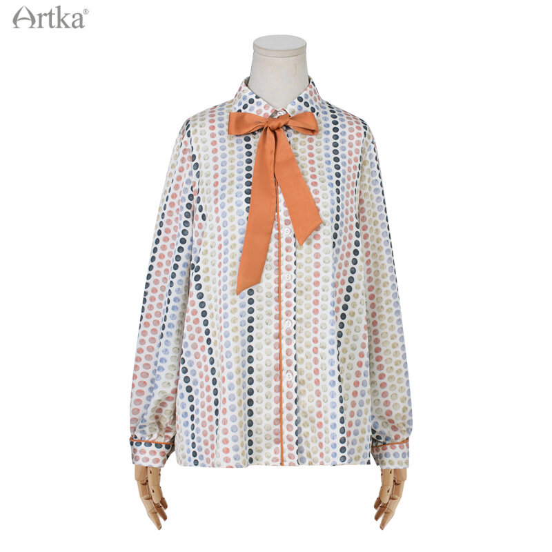 Женская шифоновая блузка ARTKA, элегантная рубашка в горошек с бантом, с длинным рукавом, свободная, мягкая, весна, 2021