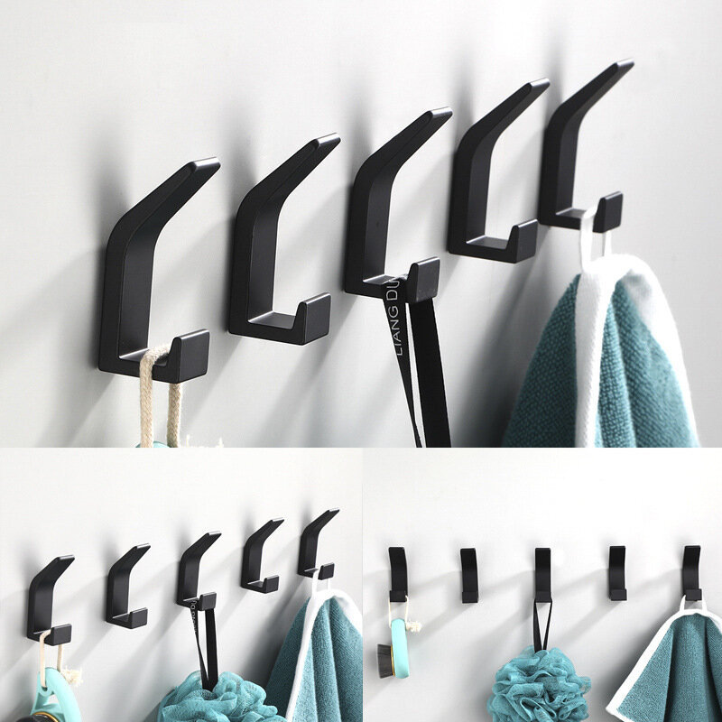 No Drilling Double Hook Black White Towel Hook For Bathroom Clothes Coat Hook Bedroom Robe Hook Livingroom Kitchen Accessories