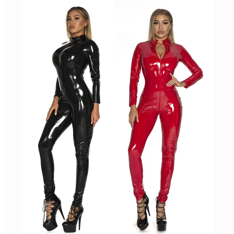 Kombinezon lateksowy Faux Leather kobiety kombinezony czarny wetlook body z PVC Sexy Bodycon erotyczne otwarte krocza kostium clubwear