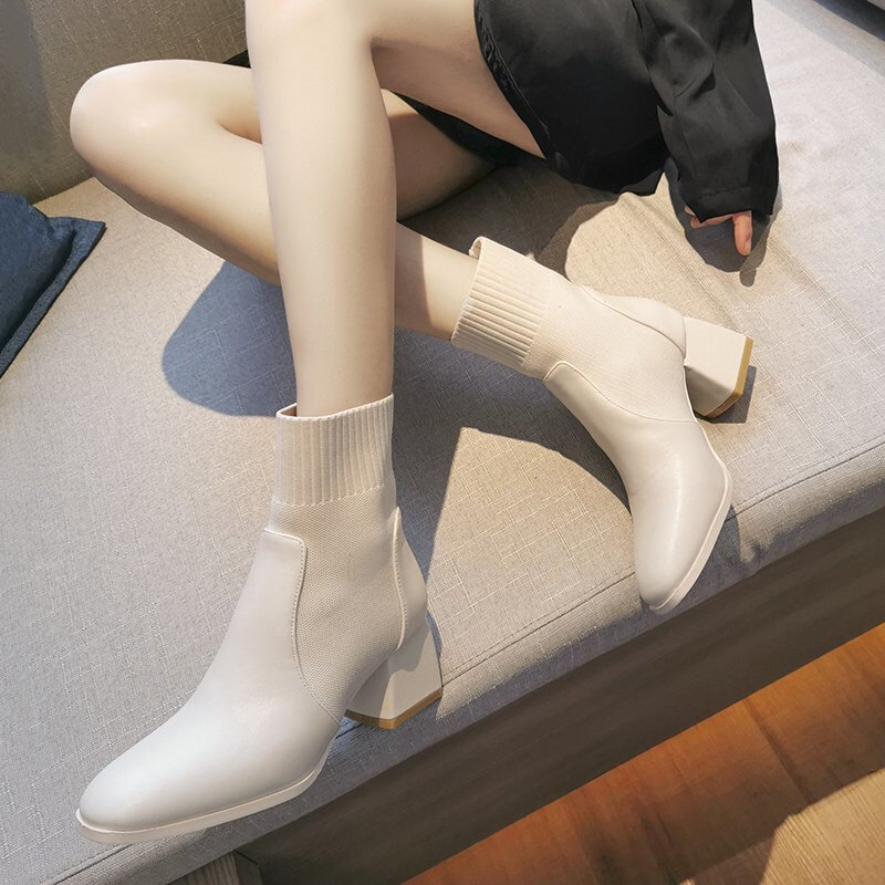2021 nowe jesienne i zimowe buty damskie dzianiny elastyczne skarpety buty kwadratowe Toe gruby obcas buty moda kostki Chelsea Boots