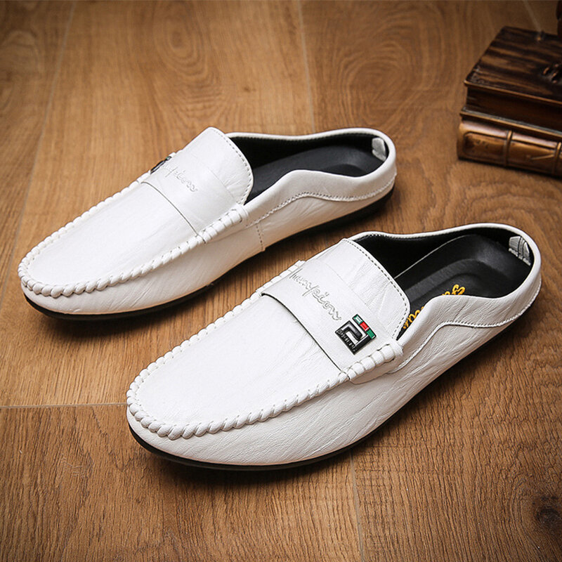 Sandal Pria Mewah Italia Sepatu Pantofel Kulit PU Sepatu Pria Kasual Antiselip Sepatu Fashion Musim Panas Setengah Sepatu untuk Pria