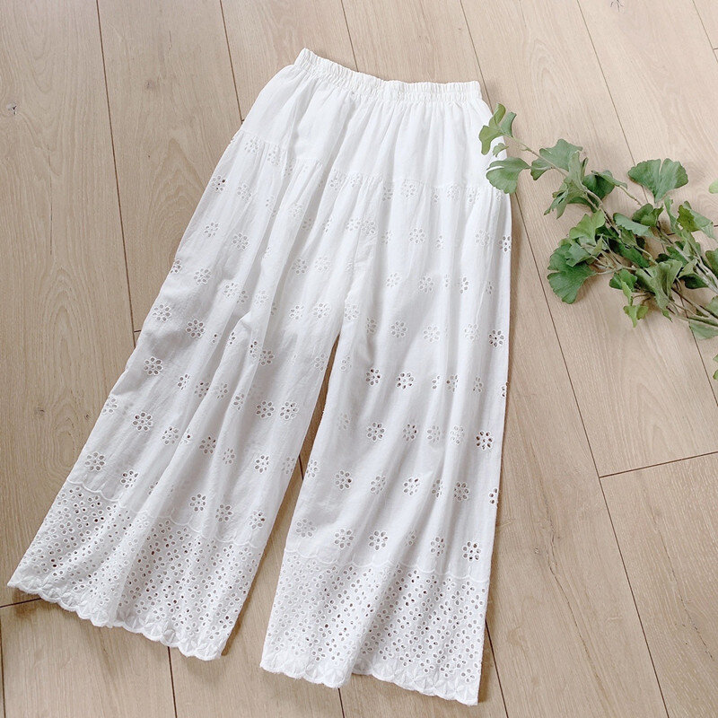 Verão de algodão e linho feminino calças largas perna elástica cintura flor bordado rendas oco casual